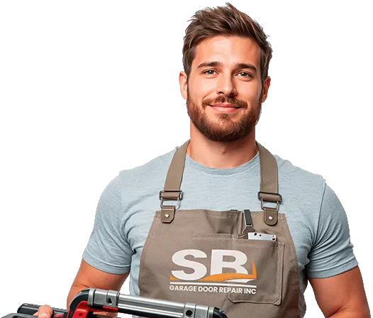 Professional garage door repair technician working on residential garage door